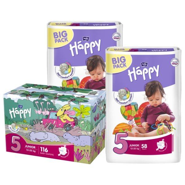 BELLA HAPPY Junior 5 Big TOY BOX, 12-25kg 116 ks - Junior 5, + vlhč. utierky od 2 ks