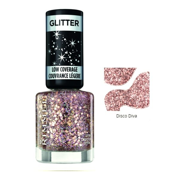 RIMMEL London Glitter Medium krycí lak na nechty s glitrami, č. 019 Disco Diva, 8ml - 019 Disco Diva